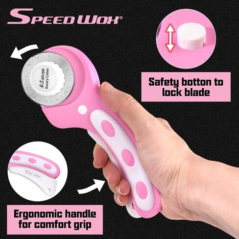 SPEEDWOX 45mm Rotary Cutter with 8 Extra Blades Handle Rolling Cutter with Safety Lock with Safety Lock for Fabric, Leather, Crafting, Sewing, Quilting - Ambidextrous Design for Left & Right Hand in Saudi Arabia