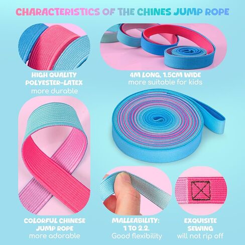Chinese Jump Rope - 4m Long Rainbow Elastic Rope with Instruction, 1.5cm Wide French Skipping, Fun Sports Toy for Kids Indoor&Outdoor Jumpsies Games, Ideal Birthday Easter Gift in Saudi Arabia