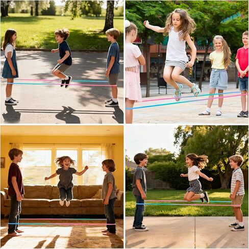 Chinese Jump Rope - 4m Long Rainbow Elastic Rope with Instruction, 1.5cm Wide French Skipping, Fun Sports Toy for Kids Indoor&Outdoor Jumpsies Games, Ideal Birthday Easter Gift in Saudi Arabia