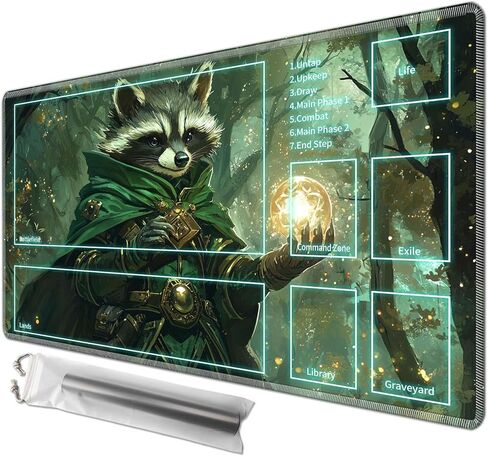 بساط لعب مقاس 60.96 سم × 35.56 سم مع مناطق سحرية للعب ألعاب بطاقات MTG، بساط ألعاب لوحي لكسر البطاقات، بساط معارك ألعاب بطاقات الألعاب مع أكياس تخزين، راكون ساحر الغابة in Kuwait