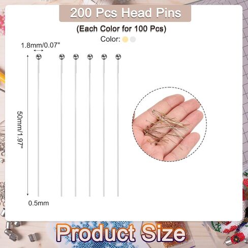 Generic 200 قطعة دبابيس رأس كروية مطلية لصنع المجوهرات 24 قياس 50 مم دبابيس رأس سلك نحاسية دبابيس رأس نهاية الرأس لقلائد يدوية وأساور وأقراط، فضي وذهبي in Kuwait