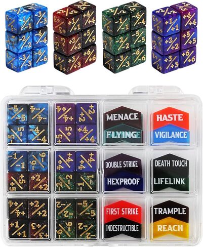 SIXPONTS 48 Pieces 12mm MTG Dice Abilities -1/+1 Life Counters Dices & MTG Keywords Counter Tokens Set Compatible with Magic The Gathering, TCG, Card Games Accessories (# A Dices & Keyword Counters) in Saudi Arabia