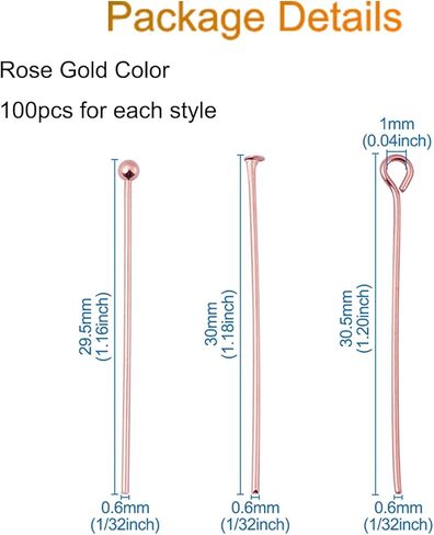 Fashewelry 300Pcs Rose Gold Eye Pins Head Pins 29.5-30.5mm 3 Styles 22 Gauge Headpins Findings for Jewelry Making in Saudi Arabia