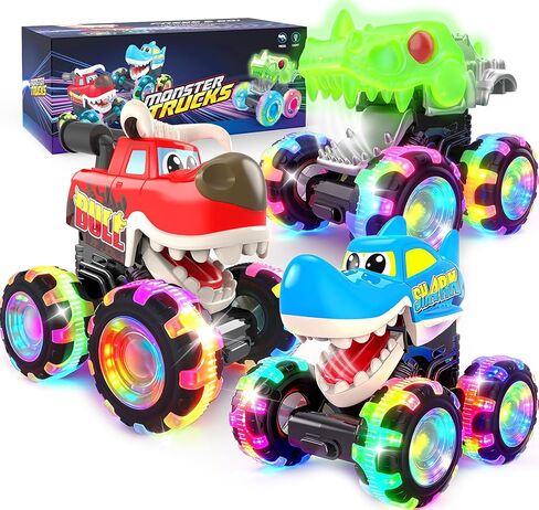 Monster Truck Toys, 3 Pack Light Up Cars for Toddlers, Baby Animal Toy Trucks Dino Cars with LED Lightning Wheels, Press & Go Car with Moving Mouth for Kids Boys Girls Christmas Birthday Gifts in Kuwait