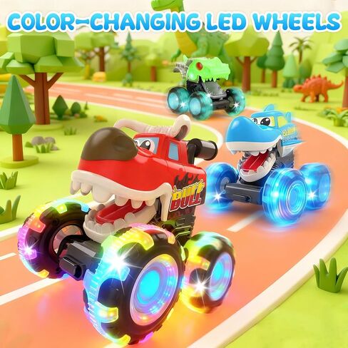 Monster Truck Toys, 3 Pack Light Up Cars for Toddlers, Baby Animal Toy Trucks Dino Cars with LED Lightning Wheels, Press & Go Car with Moving Mouth for Kids Boys Girls Christmas Birthday Gifts in Kuwait