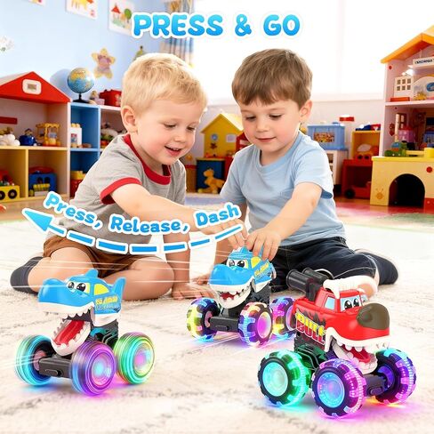 Monster Truck Toys, 3 Pack Light Up Cars for Toddlers, Baby Animal Toy Trucks Dino Cars with LED Lightning Wheels, Press & Go Car with Moving Mouth for Kids Boys Girls Christmas Birthday Gifts in Kuwait