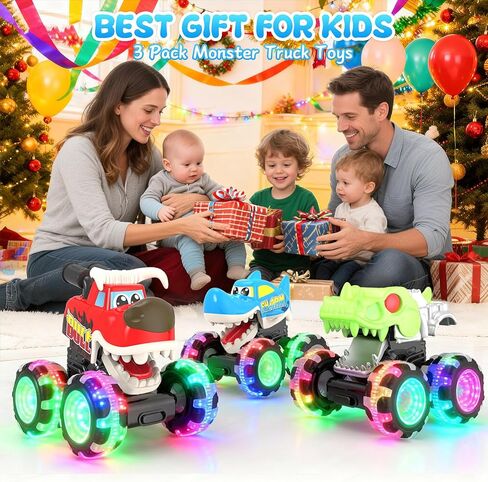 Monster Truck Toys, 3 Pack Light Up Cars for Toddlers, Baby Animal Toy Trucks Dino Cars with LED Lightning Wheels, Press & Go Car with Moving Mouth for Kids Boys Girls Christmas Birthday Gifts in Kuwait