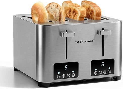 محمصة خبز 4 شرائح، محمصة خبز من الفولاذ المقاوم للصدأ 4 شرائح من Techwood مع شاشة LED و6 إعدادات للظل، مثالية للخبز والفطائر والمزيد، وظائف الإلغاء/تذويب وصواني الفتات القابلة للإزالة، 1500 واط in Kuwait