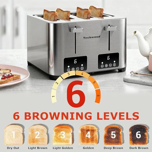 محمصة خبز 4 شرائح، محمصة خبز من الفولاذ المقاوم للصدأ 4 شرائح من Techwood مع شاشة LED و6 إعدادات للظل، مثالية للخبز والفطائر والمزيد، وظائف الإلغاء/تذويب وصواني الفتات القابلة للإزالة، 1500 واط in Kuwait