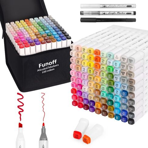 Funoff Alcohol Markers, 100 Colors Fine & Chisel Dual Tip Art Markers, Permanent Sketch Marker for Adult Coloring, Drawing, Sketching, Illustration in Kuwait