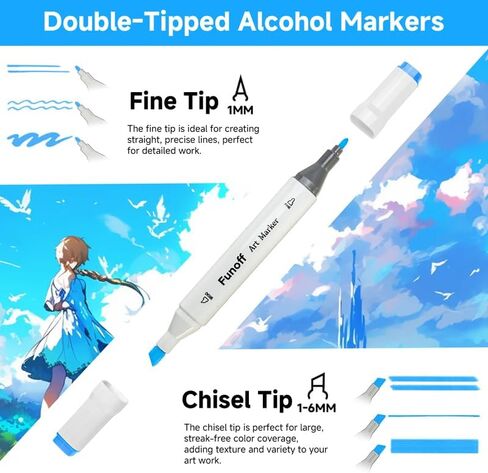 Funoff Alcohol Markers, 100 Colors Fine & Chisel Dual Tip Art Markers, Permanent Sketch Marker for Adult Coloring, Drawing, Sketching, Illustration in Kuwait
