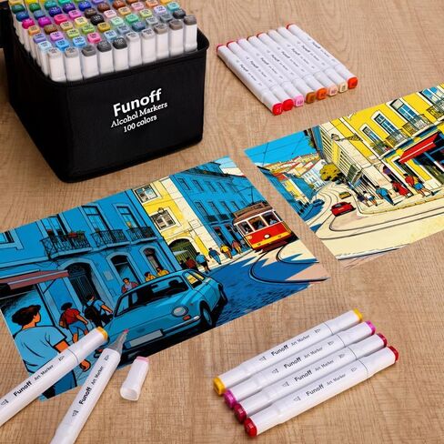Funoff Alcohol Markers, 100 Colors Fine & Chisel Dual Tip Art Markers, Permanent Sketch Marker for Adult Coloring, Drawing, Sketching, Illustration in Kuwait