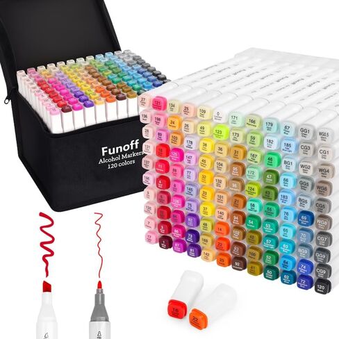 Funoff Alcohol Markers, 100 Colors Fine & Chisel Dual Tip Art Markers, Permanent Sketch Marker for Adult Coloring, Drawing, Sketching, Illustration in Kuwait