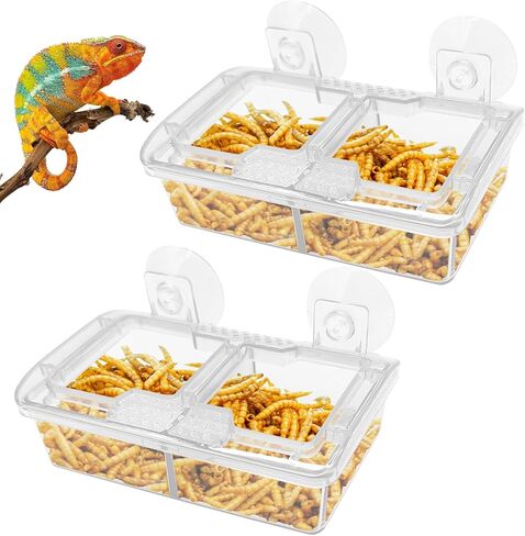 Hamiledyi Transparent Reptile Feeder with Suction Cup Separated Double Compartments Chameleon Bowl Gecko Live Worm Feeder Anti-Escape Reptile Supplies for Lizard Bearded Dragon (White, 2 Pcs) in Saudi Arabia