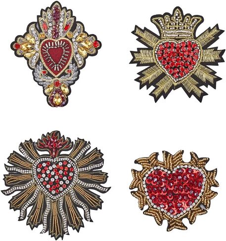 HOBBIEASY 4Pcs Heart Patches Rhinestone Bead Patch Handmade Sequin Love Patches Decorative Applique Repair Patch Bling Crystal Patches Sewing for Clothing Jeans Jackets Handbag Shoes in Saudi Arabia