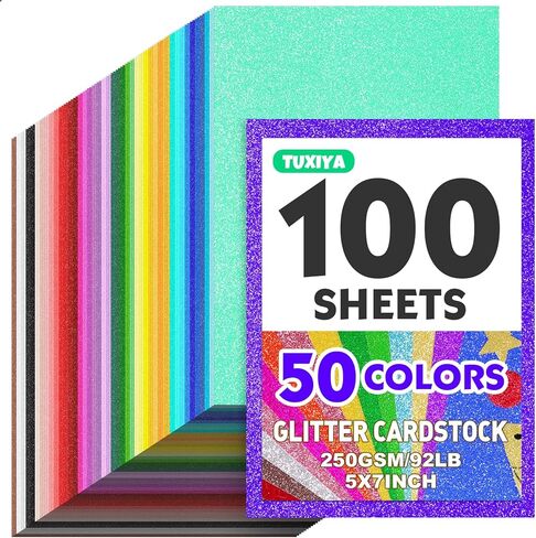 100 Sheets 5" X 7" Glitter Cardstock,50 Assorted Colors 250GSM/92LB Glitter Card stock,No-Shed Sparkly Glitter Paper for Arts and Crafts, Decorative, Card Making, Scrapbooking, DIY Projects in Kuwait