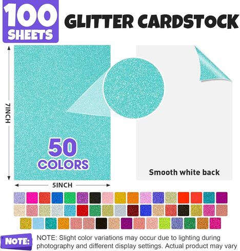100 Sheets 5" X 7" Glitter Cardstock,50 Assorted Colors 250GSM/92LB Glitter Card stock,No-Shed Sparkly Glitter Paper for Arts and Crafts, Decorative, Card Making, Scrapbooking, DIY Projects in Kuwait