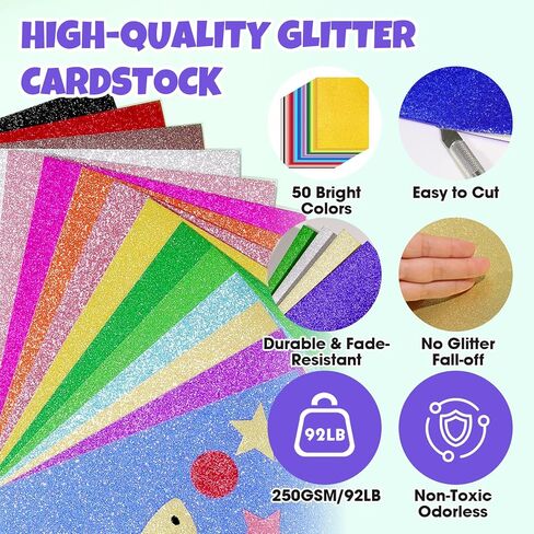 100 Sheets 5" X 7" Glitter Cardstock,50 Assorted Colors 250GSM/92LB Glitter Card stock,No-Shed Sparkly Glitter Paper for Arts and Crafts, Decorative, Card Making, Scrapbooking, DIY Projects in Kuwait