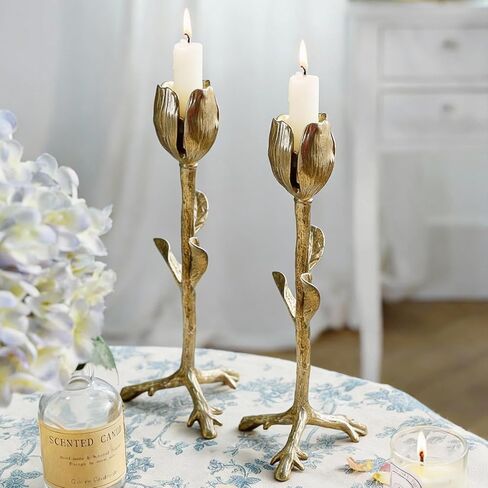 NIKKY HOME Gold Tulip Taper Candle Holders, Vintage Elegant Flower Shaped Metal Candlestick for Table Centerpieces, Wedding Decor and Dinner Party in Saudi Arabia
