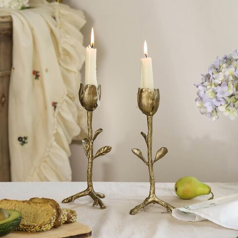 NIKKY HOME Gold Tulip Taper Candle Holders, Vintage Elegant Flower Shaped Metal Candlestick for Table Centerpieces, Wedding Decor and Dinner Party in Saudi Arabia