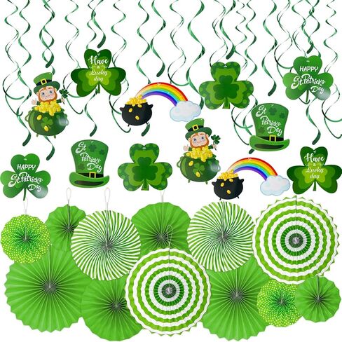 TURNMEON 42 Pack St. Patrick's Day Party Decorations Green Paper Fans Hanging Ceiling Foil Swirls Lucky Shamrocks Leprechaun Cutout St.Patrick's Day Decorations Indoor Home Irish Party Supplies in Saudi Arabia