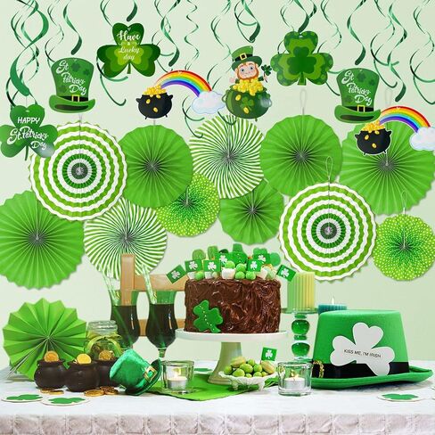 TURNMEON 42 Pack St. Patrick's Day Party Decorations Green Paper Fans Hanging Ceiling Foil Swirls Lucky Shamrocks Leprechaun Cutout St.Patrick's Day Decorations Indoor Home Irish Party Supplies in Saudi Arabia