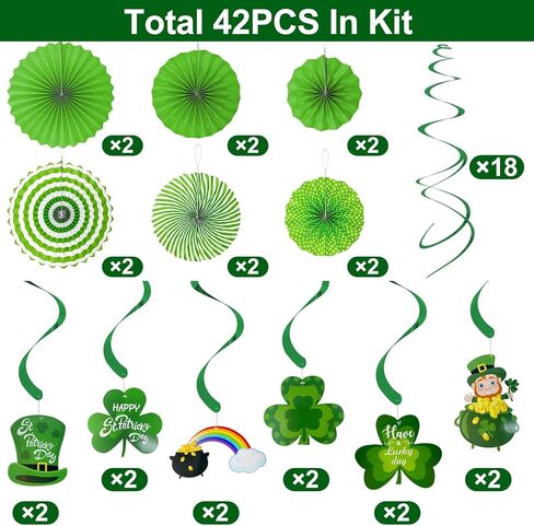 TURNMEON 42 Pack St. Patrick's Day Party Decorations Green Paper Fans Hanging Ceiling Foil Swirls Lucky Shamrocks Leprechaun Cutout St.Patrick's Day Decorations Indoor Home Irish Party Supplies in Saudi Arabia