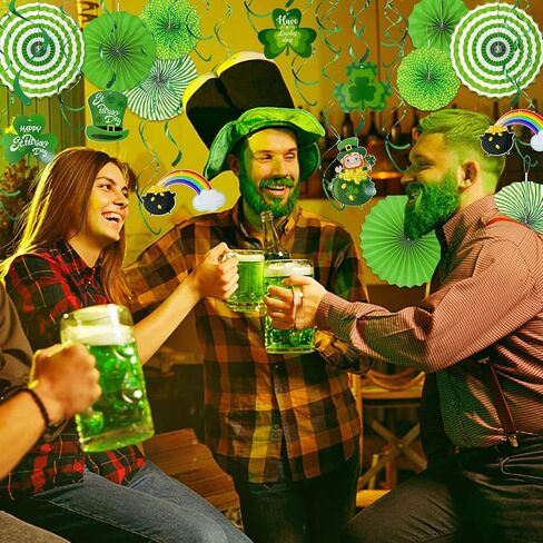 TURNMEON 42 Pack St. Patrick's Day Party Decorations Green Paper Fans Hanging Ceiling Foil Swirls Lucky Shamrocks Leprechaun Cutout St.Patrick's Day Decorations Indoor Home Irish Party Supplies in Saudi Arabia
