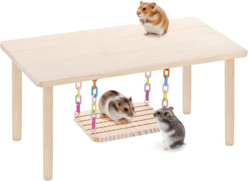 Natural Pine Wood Hamster Playgroundwith Hanging Chain Swing -Small AnimaActivity Center, Safe Chew Toy CageFurniture for Dwarf Hamsters, Mice,Gerbils, Rats, Small Pets Interactive PlayTable in Kuwait