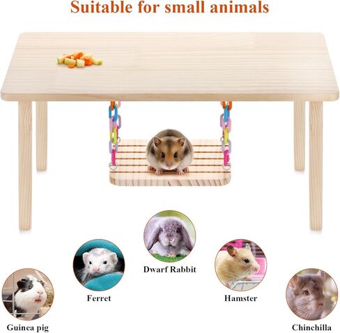 Natural Pine Wood Hamster Playgroundwith Hanging Chain Swing -Small AnimaActivity Center, Safe Chew Toy CageFurniture for Dwarf Hamsters, Mice,Gerbils, Rats, Small Pets Interactive PlayTable in Kuwait