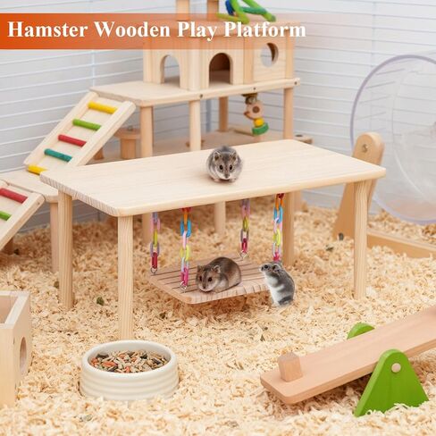 Natural Pine Wood Hamster Playgroundwith Hanging Chain Swing -Small AnimaActivity Center, Safe Chew Toy CageFurniture for Dwarf Hamsters, Mice,Gerbils, Rats, Small Pets Interactive PlayTable in Kuwait