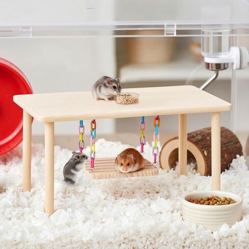 Natural Pine Wood Hamster Playgroundwith Hanging Chain Swing -Small AnimaActivity Center, Safe Chew Toy CageFurniture for Dwarf Hamsters, Mice,Gerbils, Rats, Small Pets Interactive PlayTable in Kuwait