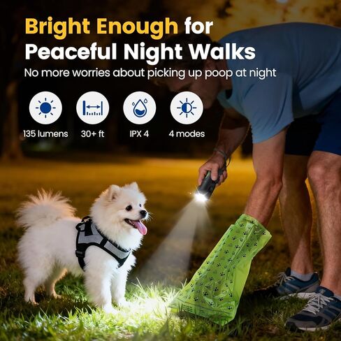 Dog Poop Bag Holder with 4 Modes Flashlight Rechargeable, Smart Dispenser with Used Bags Hook & Retractable Bags Design, Dog Walking Accessory with Carabiner Clip Fits Any Leash (60 Bags Included) in Saudi Arabia