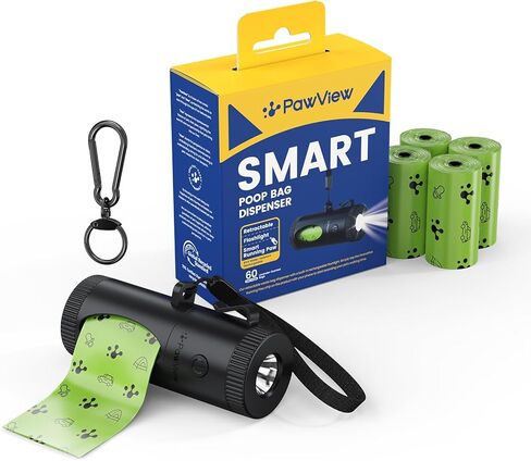 Dog Poop Bag Holder with 4 Modes Flashlight Rechargeable, Smart Dispenser with Used Bags Hook & Retractable Bags Design, Dog Walking Accessory with Carabiner Clip Fits Any Leash (60 Bags Included) in Saudi Arabia