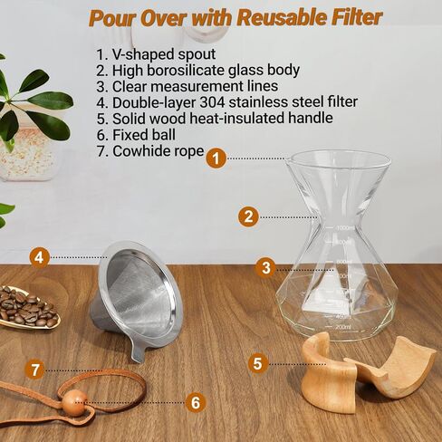 Coffee Pour Over 33.8oz 1000ml High Borosilicate Glass Pour Over Coffee Maker Set Camping with Reusable 304 Stainless Steel Filter Hand Brew Carafe Drip Suitable for Electric Ceramic Stove in Saudi Arabia