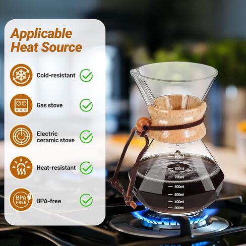 Coffee Pour Over 33.8oz 1000ml High Borosilicate Glass Pour Over Coffee Maker Set Camping with Reusable 304 Stainless Steel Filter Hand Brew Carafe Drip Suitable for Electric Ceramic Stove in Saudi Arabia