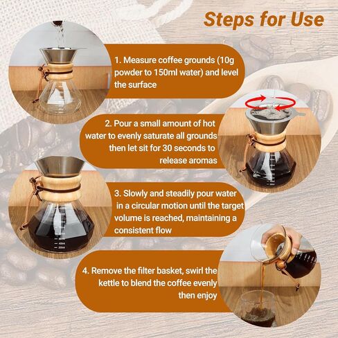 Coffee Pour Over 33.8oz 1000ml High Borosilicate Glass Pour Over Coffee Maker Set Camping with Reusable 304 Stainless Steel Filter Hand Brew Carafe Drip Suitable for Electric Ceramic Stove in Saudi Arabia