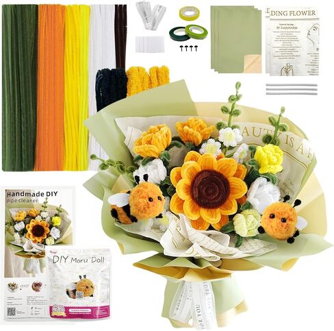 مجموعة أدوات تنظيف الأنابيب من SNAIL GARDEN مع ورق التغليف، مجموعة زهور منظف الأنابيب مع نحلتين، مجموعة صنع زهرة عباد الشمس DIY مع فيديو تعليمي خطوة بخطوة للمبتدئين والبالغين in Kuwait