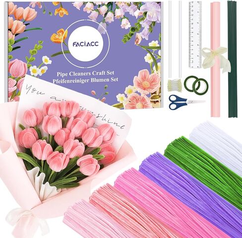 FACIACC 600 قطعة من منظفات أنابيب التوليب، 6 ألوان متنوعة من سيقان الشنيل لديكورات الباقة DIY ديكور حفلات الهدايا الإبداعية مع أسلاك الزهور، والشريط، والأسدية، وعصي الغراء، وورق التغليف، والمقص in Saudi Arabia