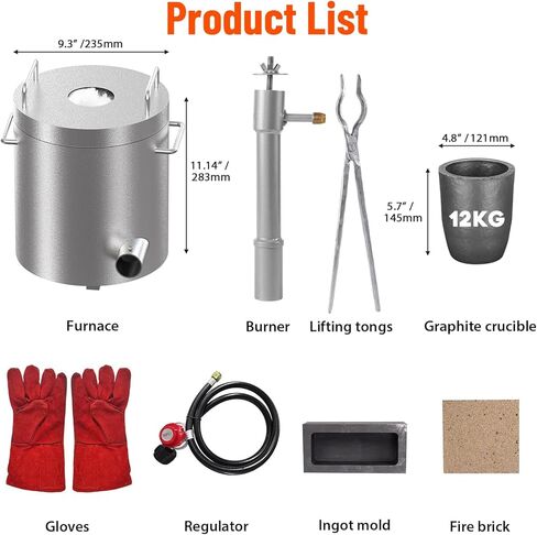 12KG Propane Melting Furnace,1300°C/2372°F Metal Smelting Furnace Kit，Foundry Home Kiln with Crucible and Tongs Casting Scrap Metal Recycle Gold Copper Silver Aluminum in Saudi Arabia