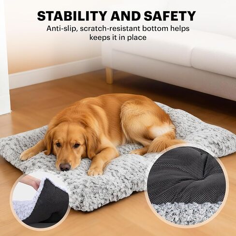 Lafyette. - US Based, Washable Faux Fur Dog Bed, Deluxe Plush Dog Crate Bed, Comfy Kennel Pad, Anti-Slip Pet Sleeping Mat, Soft Cozy Mattress for Large, Medium, Small Size Breed Dogs, 35" x 23", Grey in Saudi Arabia