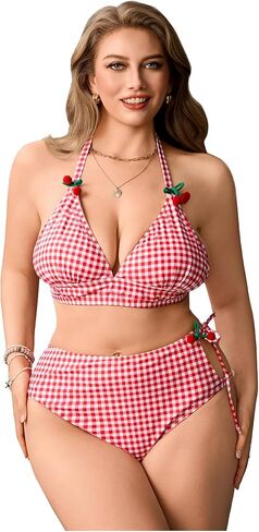 Women's Plus Size Plaid Cherry 2 Piece Bikini Set Gingham High Waisted Bathing Suit Swimwear in Saudi Arabia