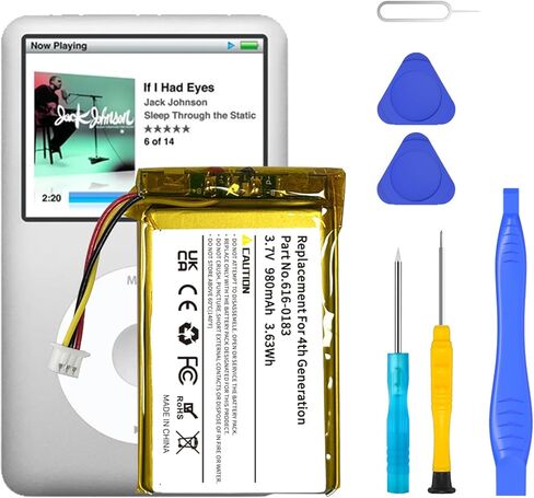 مجموعة بطارية بديلة 980 مللي أمبير في الساعة من SHENMZ لأجهزة iPod Classic الجيل الرابع - متوافقة مع موديلات 20 جيجابايت/30 جيجابايت/40 جيجابايت/60 جيجابايت وA1099 (الجزء # 616-0206/616-0183) مع أدوات إصلاح in Saudi Arabia