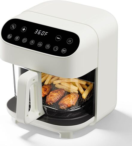5 Quart Glass Air Fryer, Non Toxic & Uncoated High Borosilicate Glass Basket, Airfryer with Transparent Fry Bowl, 8 Preset Modes, PTFE/PFAS Free, BPA-Free, Dishwasher Safe, White in Kuwait