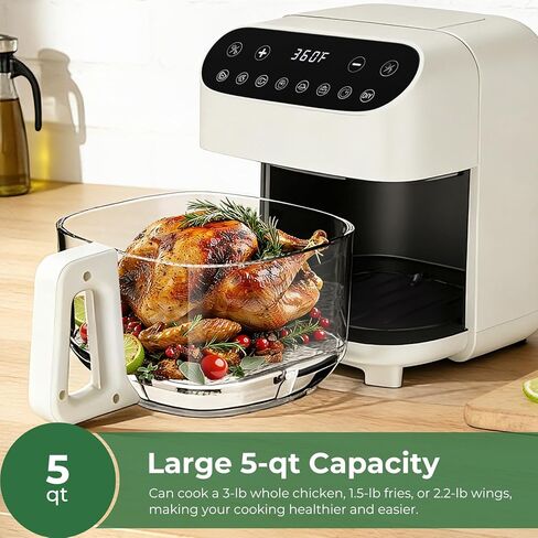 5 Quart Glass Air Fryer, Non Toxic & Uncoated High Borosilicate Glass Basket, Airfryer with Transparent Fry Bowl, 8 Preset Modes, PTFE/PFAS Free, BPA-Free, Dishwasher Safe, White in Kuwait