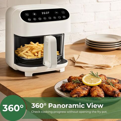 5 Quart Glass Air Fryer, Non Toxic & Uncoated High Borosilicate Glass Basket, Airfryer with Transparent Fry Bowl, 8 Preset Modes, PTFE/PFAS Free, BPA-Free, Dishwasher Safe, White in Kuwait