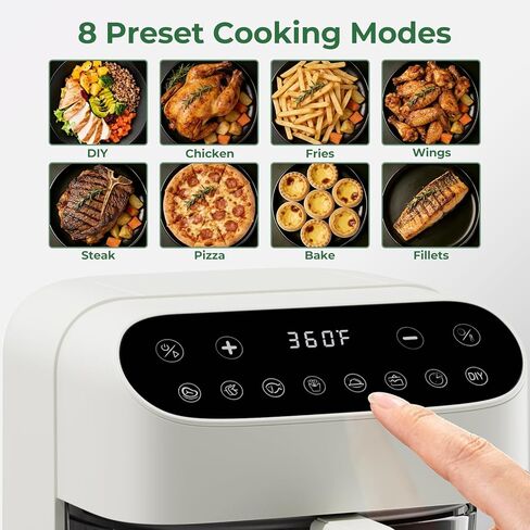 5 Quart Glass Air Fryer, Non Toxic & Uncoated High Borosilicate Glass Basket, Airfryer with Transparent Fry Bowl, 8 Preset Modes, PTFE/PFAS Free, BPA-Free, Dishwasher Safe, White in Kuwait