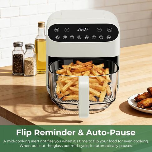 5 Quart Glass Air Fryer, Non Toxic & Uncoated High Borosilicate Glass Basket, Airfryer with Transparent Fry Bowl, 8 Preset Modes, PTFE/PFAS Free, BPA-Free, Dishwasher Safe, White in Kuwait