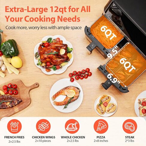مقلاة هوائية كبيرة مزدوجة 12QT، مقلاة هوائية مزدوجة المنطقة 10 في 1 مع سلال 2 × 6QT، لوحة سهلة 60 درجة مع شاشة لمس كاملة، وظيفة SyncCook، نافذة عرض، طبقين في وقت واحد، أسود in Kuwait