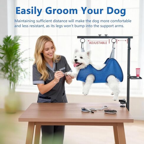 ذراع طاولة العناية بالكلاب مع مشبك (33 بوصة - 43 بوصة) | حامل قابل للتمديد والطي وتقييد الحركة مع أرجوحة للتصفيف، وحبل مانع للجلوس، وصينية وحقيبة | للكلاب الصغيرة والمتوسطة في المنزل والصالون in Kuwait